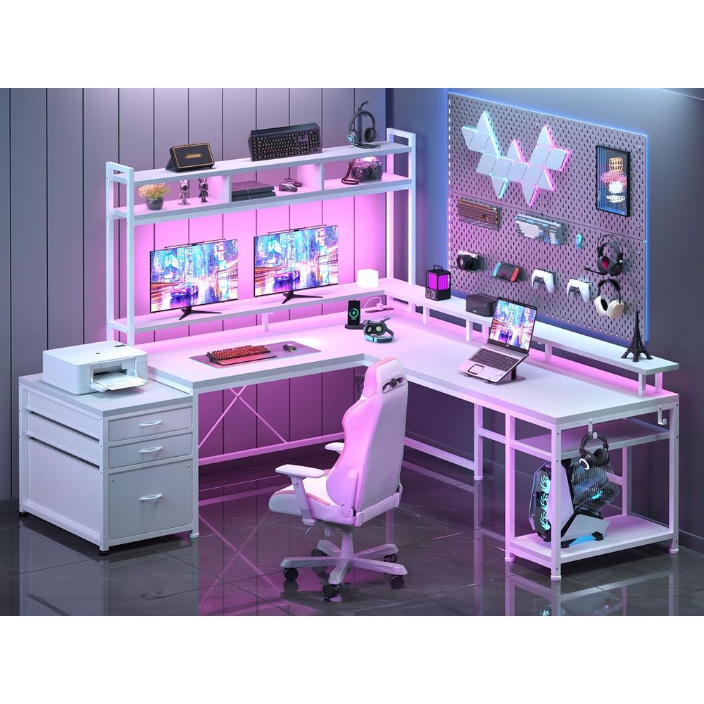 Desk Setup Dual Monitor - 104インチL字型デスク、2人用ホームオフィス向け、4つのサイズ変更可能、4つのAC+2つのUSBポート、マルチモニターセットアップ対応