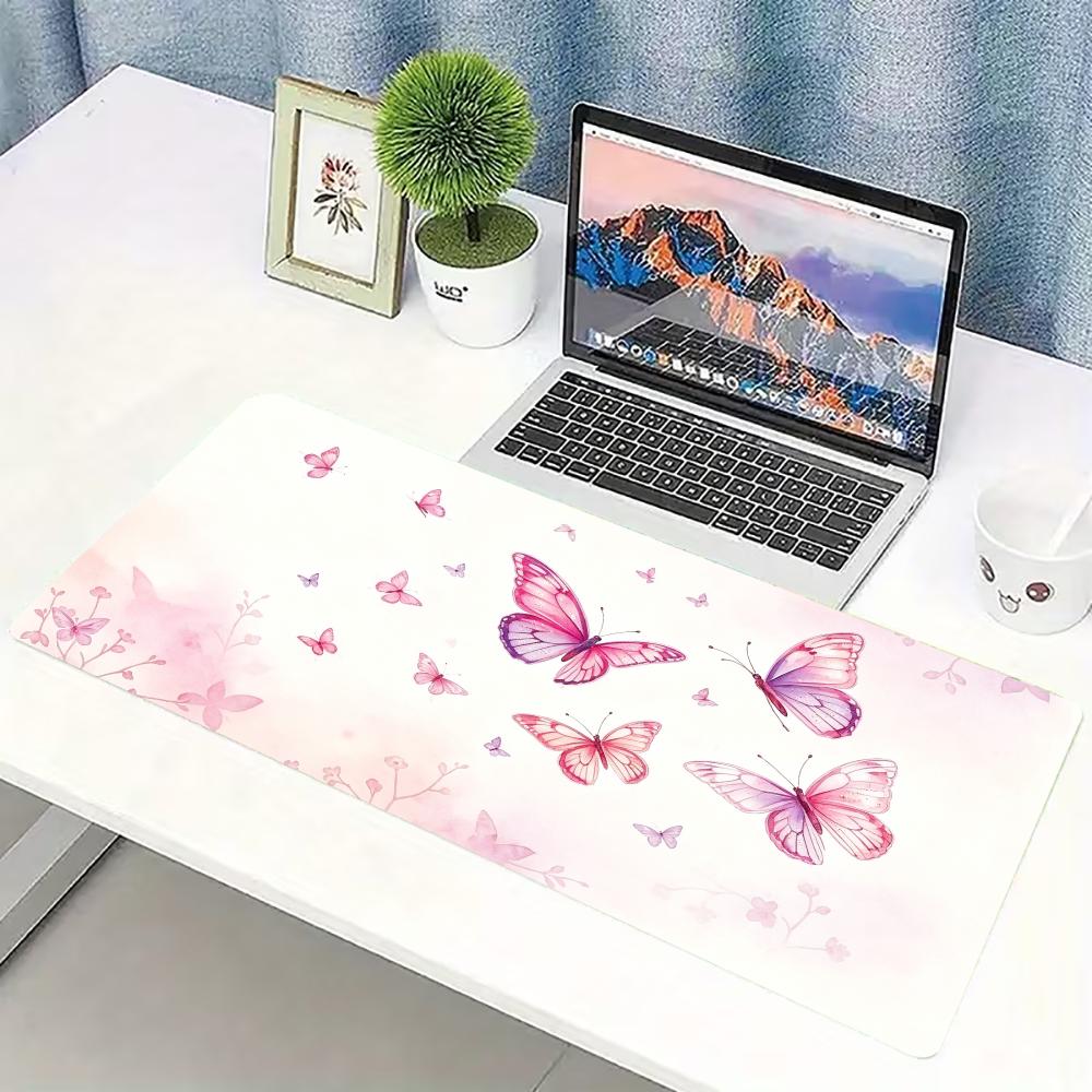 Desk Setup With Laptop - 水彩画ピンク蝶柄大型ゲーミングマウスパッド滑り止めゴム製デスクマットキーボードマットPCラップトップオフィス家庭ゲーマーセットアップ用
