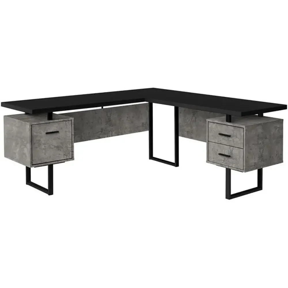 Desk Setup Black - L字型70コンピューターデスク、ホームオフィス用収納付き、右側設置、グレーと黒のラミネート仕上げ