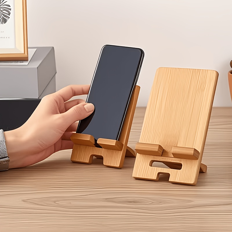 Desk Setup Kit - 2個/4個/セット 木製竹製スマホスタンドホルダー 調節可能折りたたみ式スマホスタンド 充電穴付き デスク用