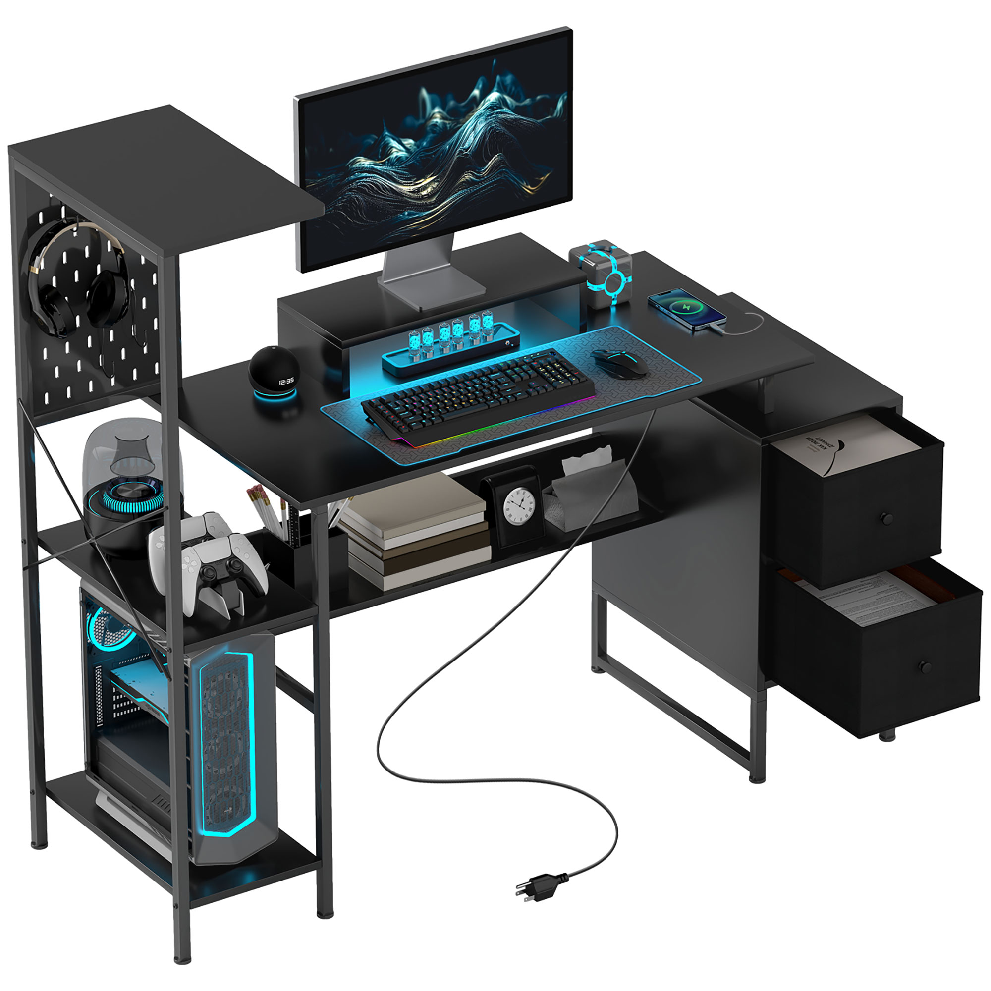 Desk Setup Pc - Homcom 56インチ ゲーミングデスク 電源コンセントとLEDライト付き、モニタースタンド付きコンピューターデスク、2つのCPUスタンド付きコンピューターテーブル、収納棚、布製引き出し、ホームオフィス用ペグボード、ブラック