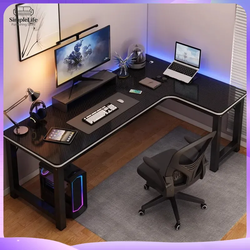Desk Setup Dual Monitor - コーナーゲーミングデスク、PC/ラップトップ用コンピューターデスク、人間工学に基づいた高さ調整可能なデュアルモニターセットアップ、収納付きホームオフィスデスク