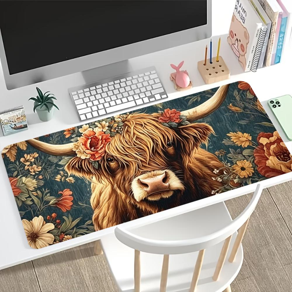 Desk Setup With Laptop - ヴィンテージハイランドカウ柄ゲーミングマウスパッド、滑り止めゴム製デスクマット、縁縫い加工済み、PC、ノートパソコン、ホームオフィスセットアップ用