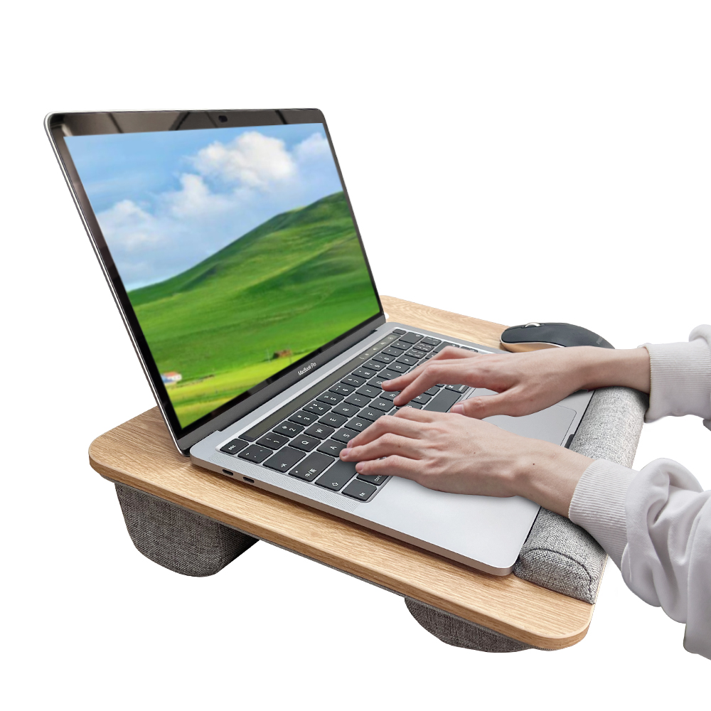 Desk Setup Laptop - Mumucc-木製の吊り下げ式ベッド学習テーブル、ハンドル付き15インチのラップトップデスク、スポンジクッションと腹筋スロット、黒のカーキと茶色