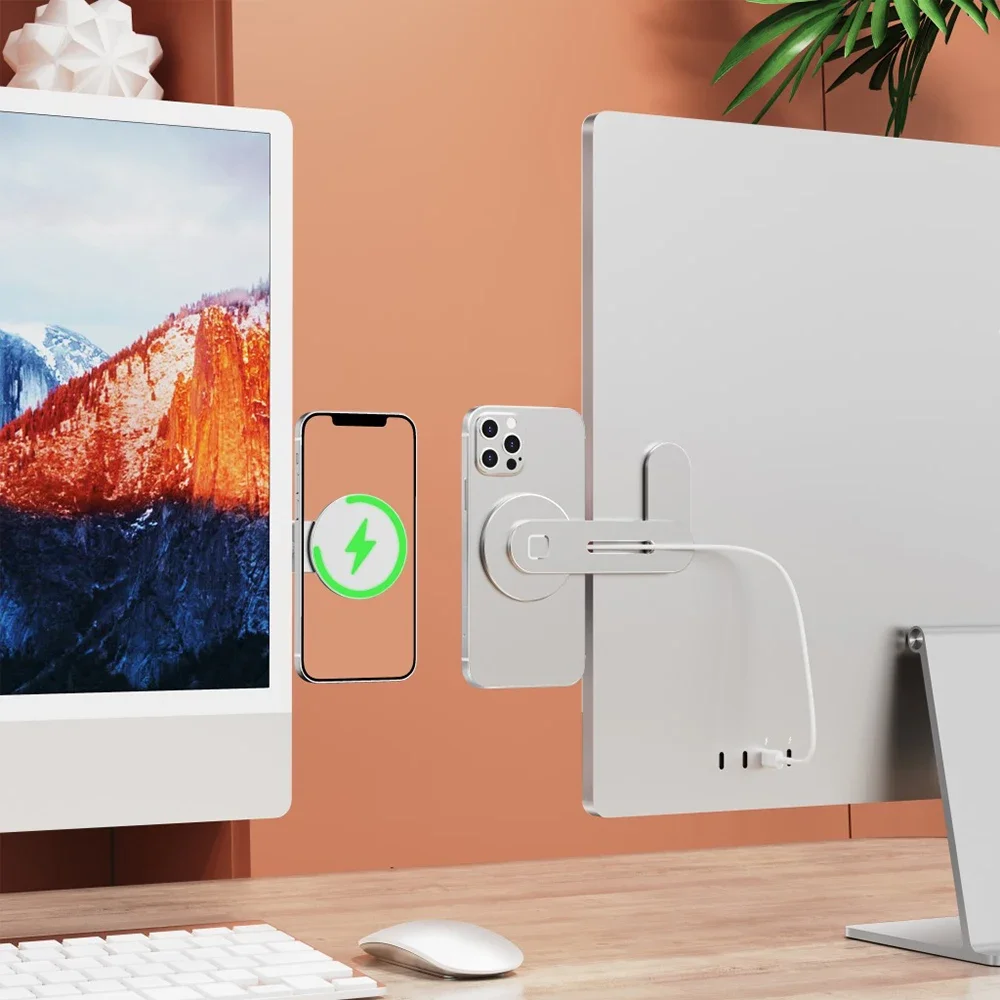 Desk Setup Mac - Magsafe対応 ノートパソコン用マグネット式スマホホルダー iPhone/Macbook用マグネットワイヤレス充電器ブラケット