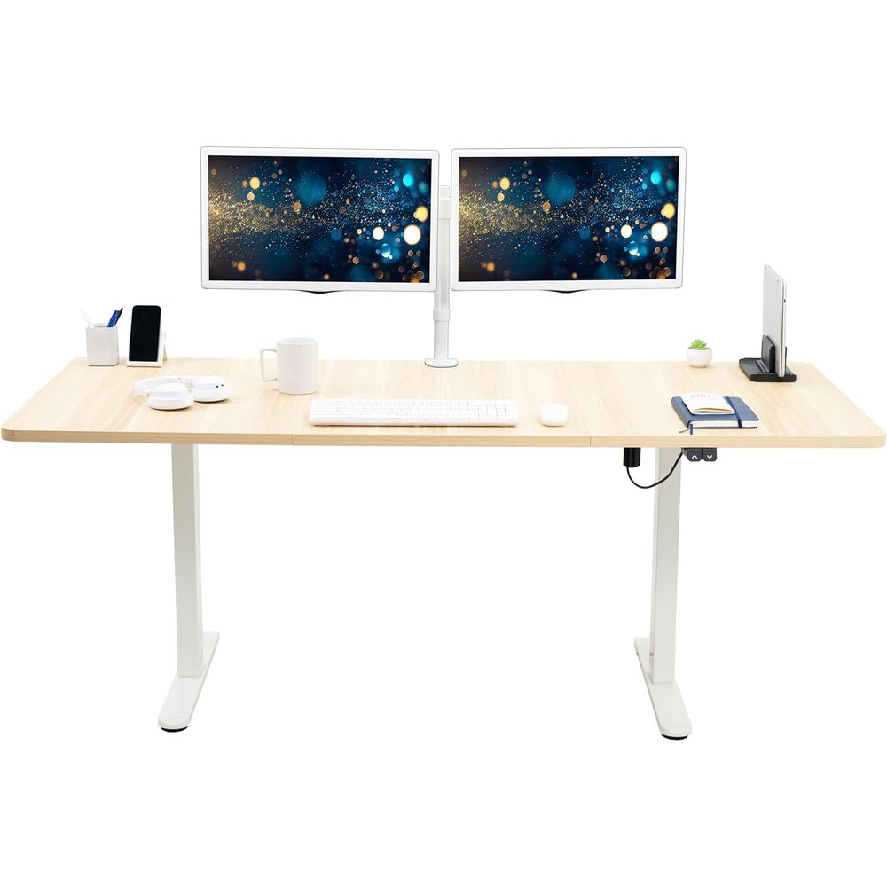 Desk Setup Kit - 電動71 x 30インチスタンディングデスク、高さ調節可能、ライトウッドトップホワイト、家庭用およびオフィス家具セット、DESK-KIT-0W7C