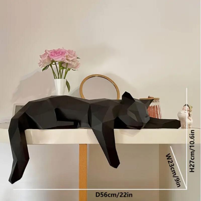 Desk Setup Black - 黒白の猫の置物 - 幾何学的なモダンな部屋の装飾、家のオフィスのテーブル、棚、机の装飾としての置物彫刻、横たわる猫