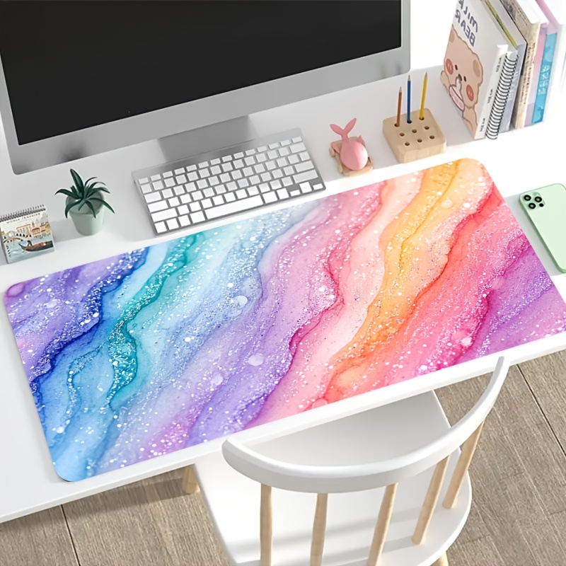 Desk Setup With Laptop - 鮮やかなレインボーグリッターマーブル大型マウスパッド、滑り止め加工の拡張デスクマット、ゲーム、オフィス、ラップトップ、ワークステーションセットアップ用