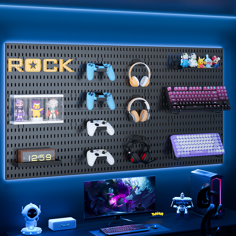 Desk Setup Kit - ゲーミングギアペグボード: 壁掛け、パンチなし、書斎/ゲームルーム - フィギュアの保管と装飾。 豊富なパーツ、自由にミックス