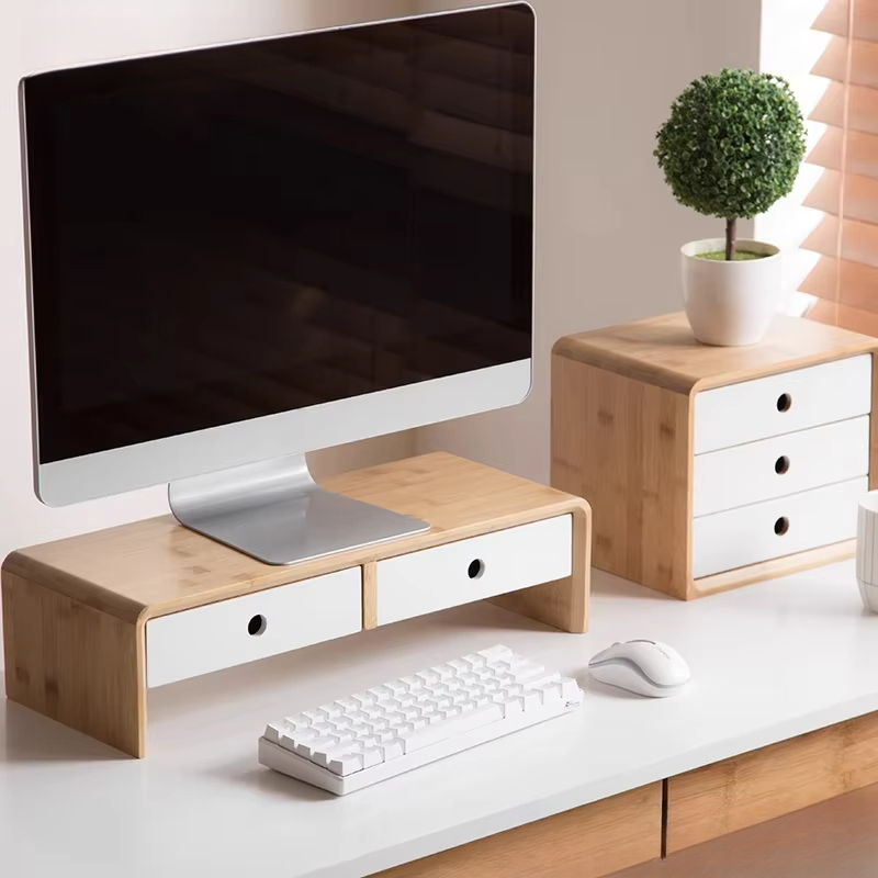Desk Setup With Laptop - 竹製ノートパソコンモニターライザー、エコフレンドリーなデスクトップオーガナイザー、引き出し付き、ホームオフィスデスクセットアップ用木製スタンド