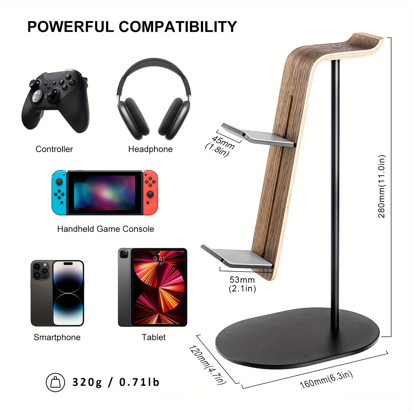 Gaming Setup Desk - 木製コントローラー＆ヘッドセットホルダー、PS5 PS4 Xbox One Nintendo Switch用ユニバーサルゲーミングヘッドフォンスタンド、デスクゲームアクセサリー