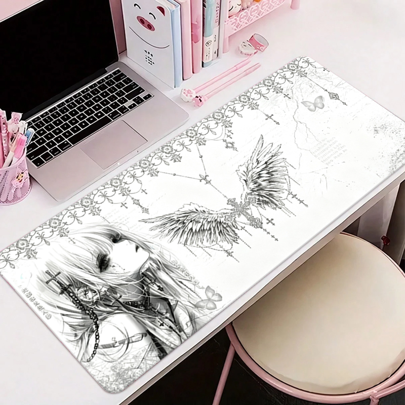 Desk Setup Black - レザーマウスパッド黒白アニメ美学エンジェルガールマウスパッドオフィスアクセサリーPCゲームキーボードEスポーツHDデスクマット