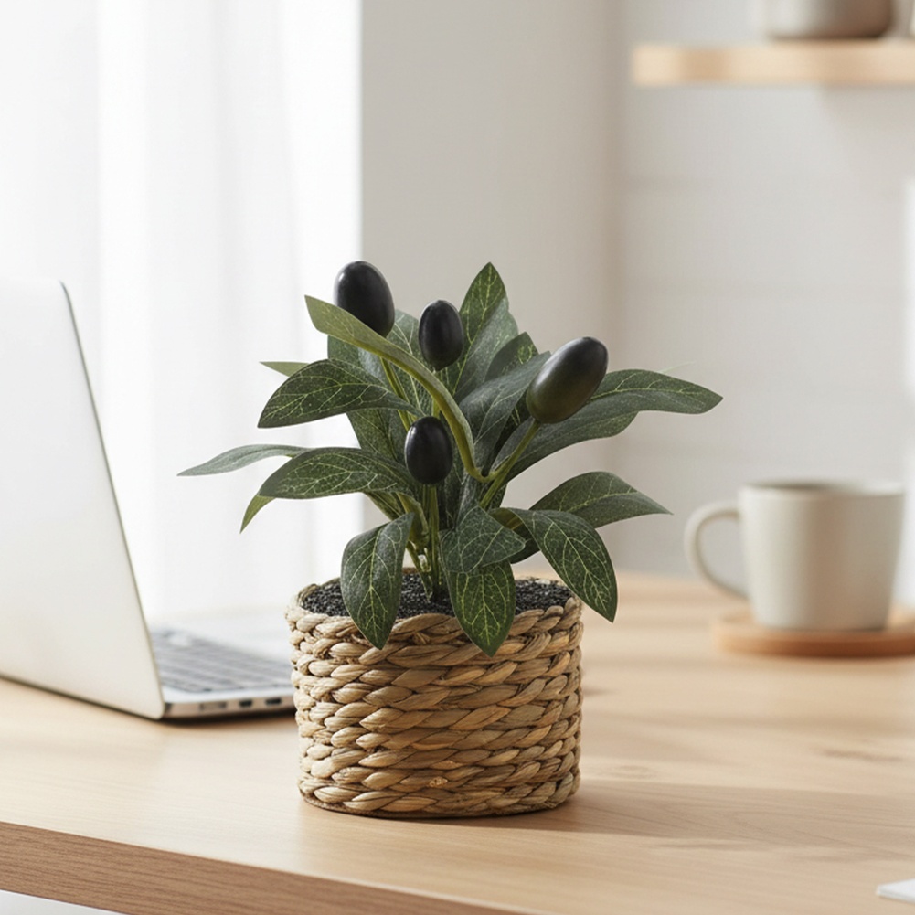Desk Setup Shelves - 人工植物 ポケットオリーブツリー プラスチック製フェイク植物 盆栽 ホームオフィス テーブル