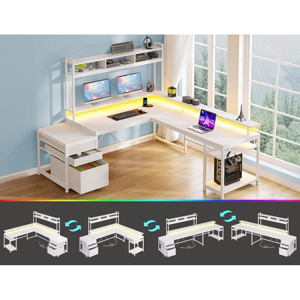 104インチL字型デスク、2人用ホームオフィス向け、4つのサ - Desk Setup Dual Monitor のレビューと価格