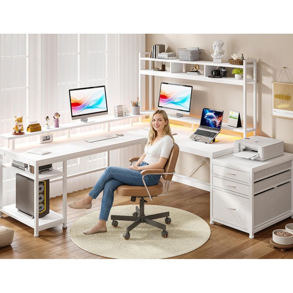 104インチL字型デスク、2人用ホームオフィス向け、4つのサ - Desk Setup Dual Monitor のレビューと価格
