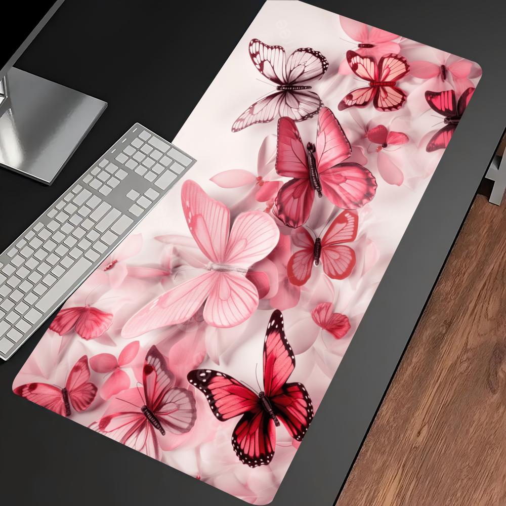 水彩画ピンク蝶柄大型ゲーミングマウスパッド滑り止めゴム製デス - Desk Setup With Laptop のレビューと価格