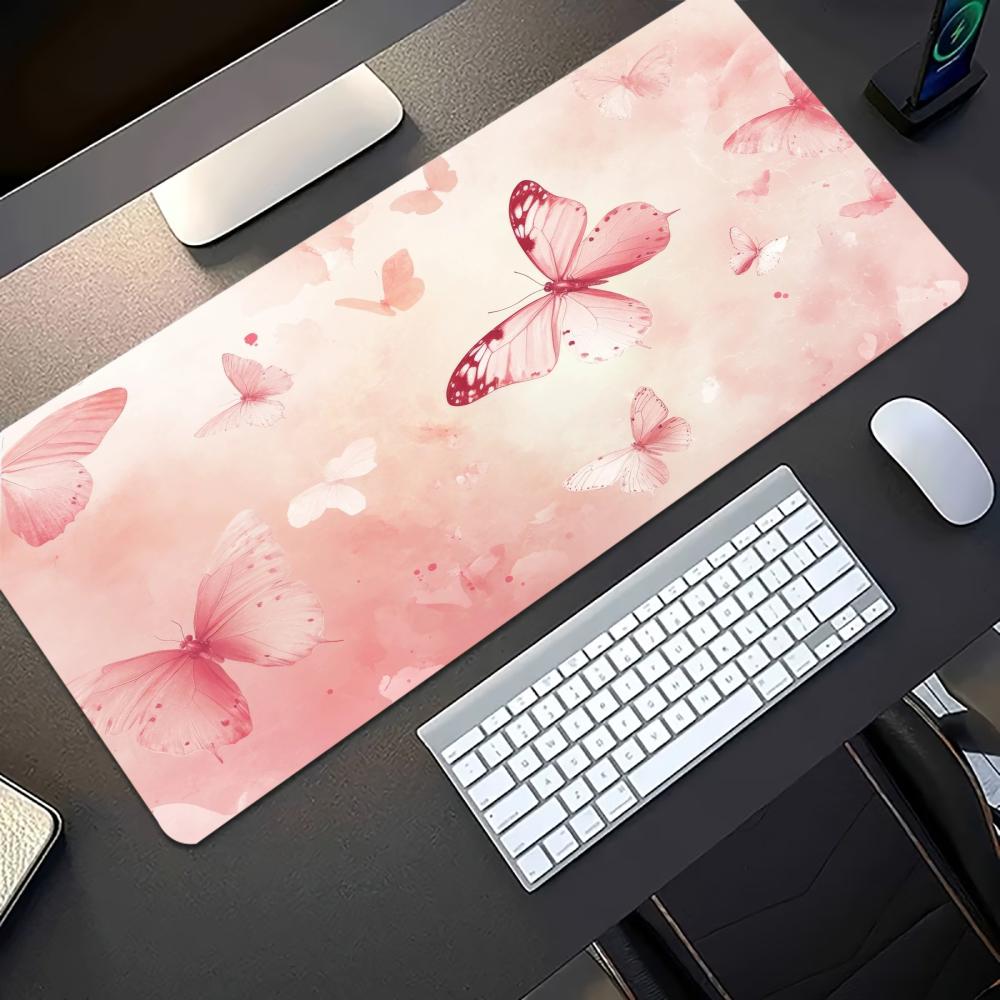 水彩画ピンク蝶柄大型ゲーミングマウスパッド滑り止めゴム製デス - Desk Setup With Laptop のレビューと価格