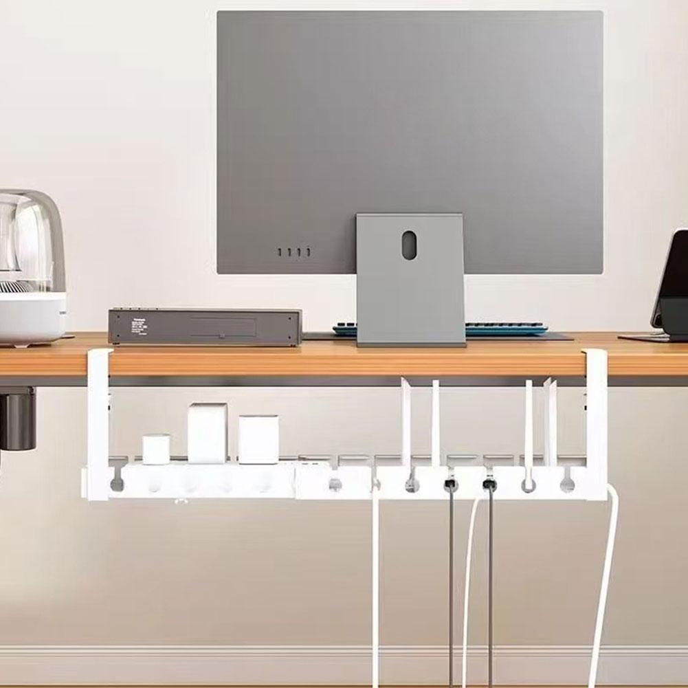 伸縮式デスク下ケーブル管理、穴あけ不要、金属製ケーブルトレイ - Desk Setup Shelves のレビューと価格