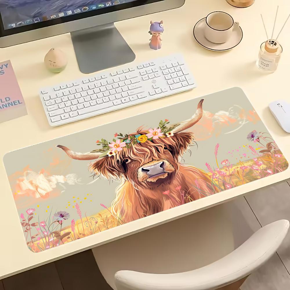 ヴィンテージハイランドカウ柄ゲーミングマウスパッド、滑り止め - Desk Setup With Laptop のレビューと価格