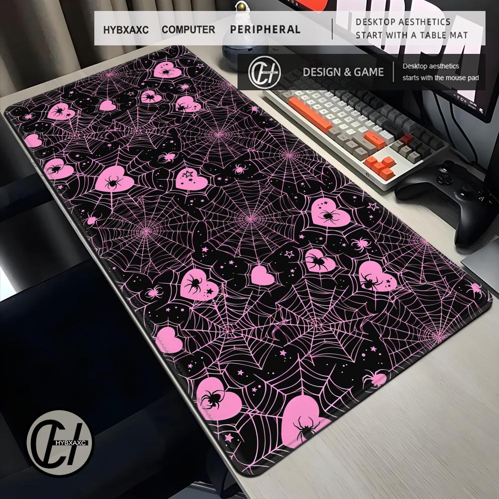 90x40 ホワイトまたはピンクのスパイダーウェブハートデス - Desk Setup With Laptop のレビューと価格