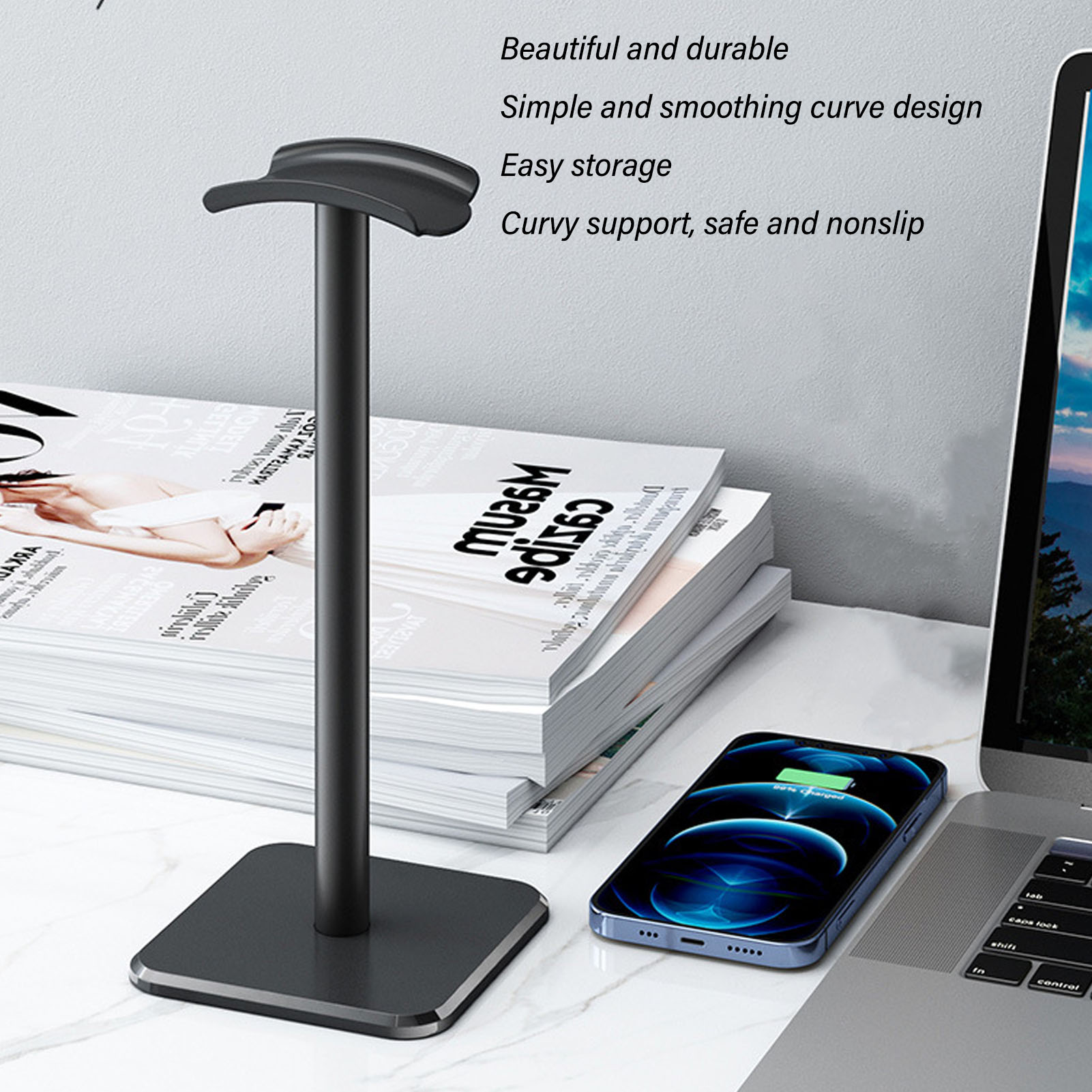 ヘッドフォンスタンド 角丸コーナー 滑り止めベース TPUト - Headphone Hook Under のレビューと価格