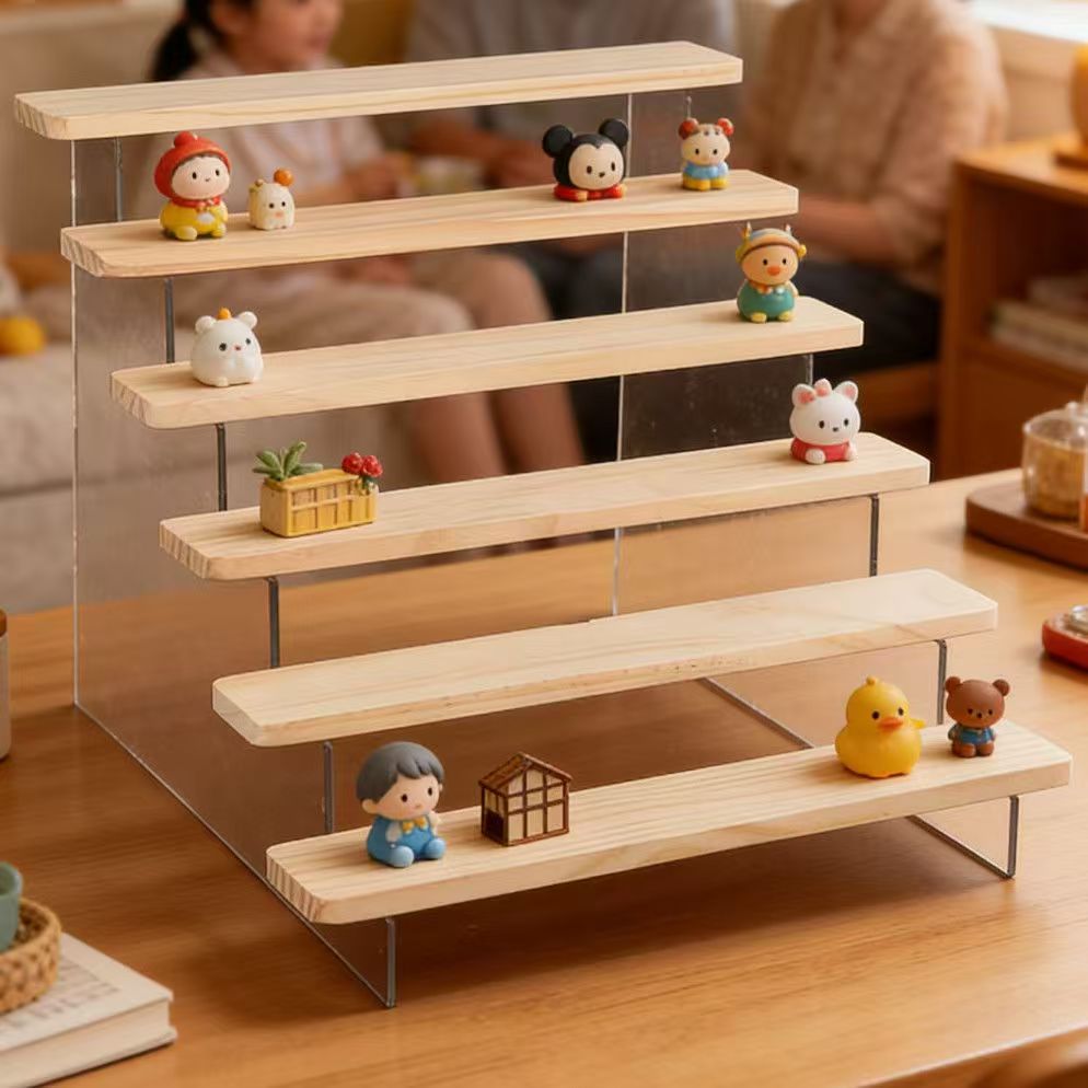 焦げた木製ステップディスプレイスタンド、2～6段アクリル製ブ - Desk Setup Shelves のレビューと価格